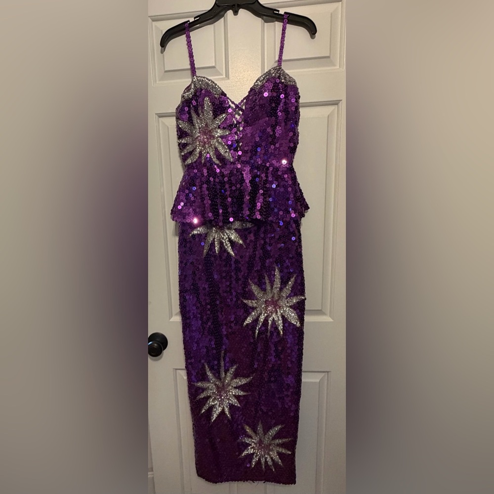 Custom Made Vintage Purple Sequin Beaded Gown Dress Starburst Peplum Size Small